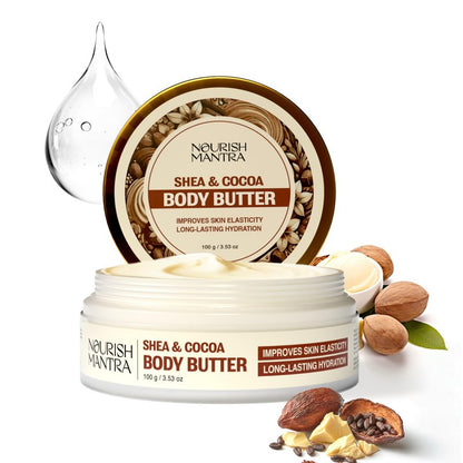 NOURISH MANTRA Shea & Cocoa Body Butter | Creamy Moisturizer for Long-Lasting Moisture & Soft Skin | Infused with Shea Butter & Cocoa Butter | Suits All Skin Types | For Women & Men | 100 g