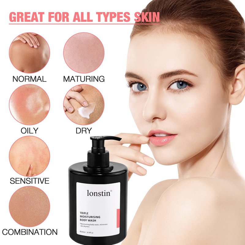 lonstin Body Wash with Pump Moisturizing Body Wash for Dry Skin Natural Nourishers for Instantly Soft Skin and Lasting Nourishment Deep Moisture Cleanser Effectively Washes away Bacteria, 16.9 Fl Oz