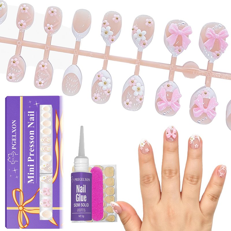 Kids Press on Nails, 24pcs French Tip Press on Nails for Kids 6-12 with 3D Hibiscus, Non-Toxic Nail Kit with Nail Glue, Adhesive Tabs, Fake Nails Gift for Girls