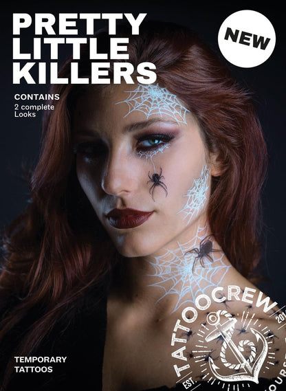 Tattoocrew 2 x Pretty Little Killers Face Halloween Temporary Tattoo, Spider Costume, Witch, Web, Horror