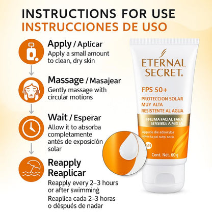 Eternal Secret High Protection Sunscreen for Face - SPF 50+ Water-resistant, Non-Sticky Texture, 2.12 oz - Bloqueador Facial/Corporal Eternal Secret FPS 50+ 2.12 oz