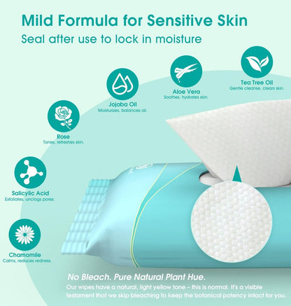 Facial Cleansing Wipes, Green Tea Oil Extract for Face Cleansing, Salicylic Acid for Acne Treatment, Hydrating Pore Care for Sensitive Skin, Exfoliating & Soothing Double-Sided Cleansing Wipes