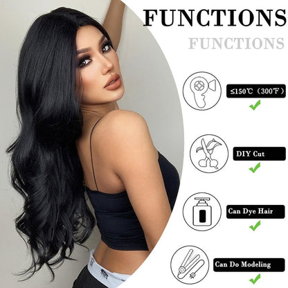 Doremiy Long Black Brown Wavy Hair Wigs for Women Natural Synthetic Curly Wig Heat Resistant Fiber Wigs for Daily Cosplay