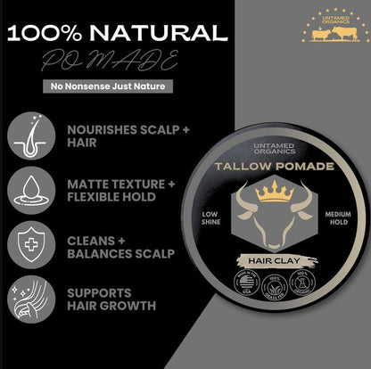 Untamed Organics Tallow Hair Clay | Handmade Grass-Fed Grass-Finshed Tallow Hair Pomade | All Natural & Organic Styling Clay for Men & Women | Medium Hold & Natural Finish | 2 FL. oz.