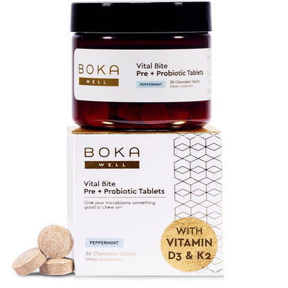 Boka Vital Bite Oral Pre + Probiotics - Sugar-Free Nut-Free Chewable Dental Probiotics for Teeth and Gums with BLIS K12, Vitamin D3 K2 for Men Women, Freshens Breath - Peppermint, 29 ct