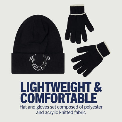 True Religion Beanie Hat and Touchscreen Glove Set, Cuffed Winter Knit Cap with Rhinestone Logo and Touch Screen Mittens, Black, One Size