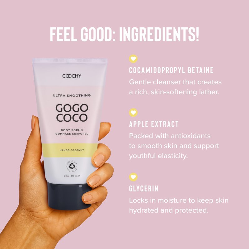 COOCHY Ultra Smoothing Body Scrub | Gentle Exfoliating Body Scrub for Sensitive Skin | Removes Dead Skin Cells, Prevents Ingrowns | Paraben-free, Cruelty-free | Mango Coconut 5 oz/148 mL