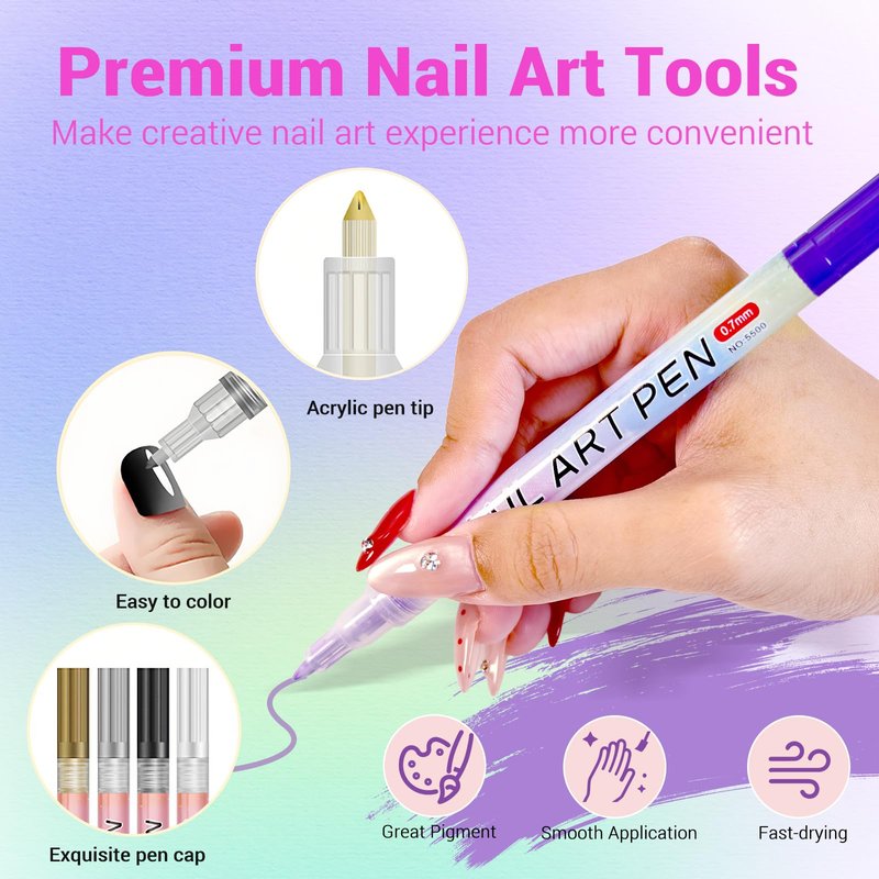 MKNZOME 12 Color Nail Art Pens, 3D 0.7 MM Nail Polish Pens Set Drawing Painting Point Liner Acrylic Painted Pen Kit, Waterproof and Quick-drying Nail for DIY Nails Art Design Manicure Tools