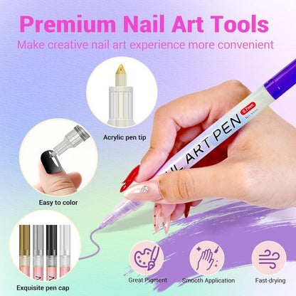 MKNZOME 12 Color Nail Art Pens, 3D 0.7 MM Nail Polish Pens Set Drawing Painting Point Liner Acrylic Painted Pen Kit, Waterproof and Quick-drying Nail for DIY Nails Art Design Manicure Tools