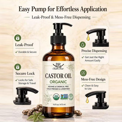 Bathrest Castor Oil Organic Cold Pressed Unrefined Glass Bottle 100% Pure for Hair Growth Eyelashes Brows Castor Oil Packs, Natural Skin Moisturizer, USDA Certified Hexane Free Vegan 16 oz (473ml)