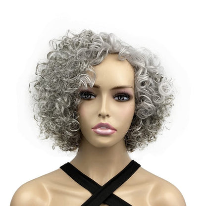 Onemliy Grey Wigs for Women Short Curly Asymmetrical Synthetic Fiber Ombre Silver Gray Wig for Halloween Cosplay Costume Party