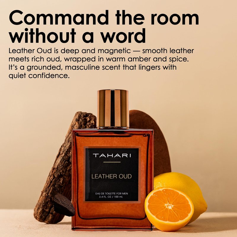 TAHARI Leather Oud Eau de Toilette for Men – Long-Lasting Luxury Cologne Spray with Bergamot, Leather & Amber Scent – Bold, Masculine, Sophisticated Oud Fragrance Spray 3.4 fl oz / 100 mL