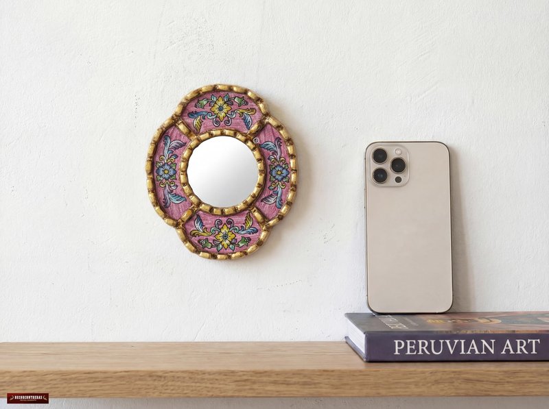 DecorContreras Peruvian Mirror Wall - Handmade Reverse Painted Glass Art - Elegant Miniature Oval Mirror for Gallery Wall - Unique 6" x 5.1" (Pink)