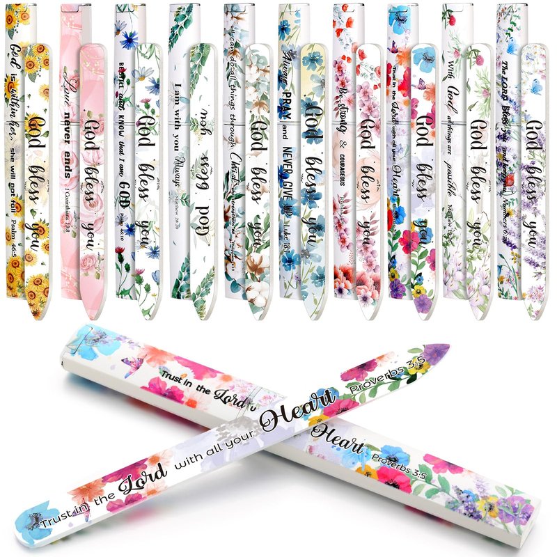10 Pack Floral Christian Glass Nail File with Scripture for Natural Nails Christian Gifts for Women Bulk Double Sided Bible Verse Glass File Emery Board with Case Religious Church Gift for Women Mom