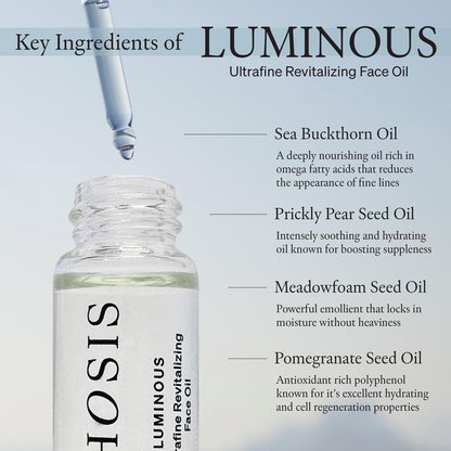 Phosis - Luminous Ultrafine Revitalizing Face Oil for Women – Lightweight Facial Glow Elixir with Sea Buckthorn, Prickly Pear, Pomegranate & Meadowfoam – 3 ml (Trial Size - 3-4 uses per bottle)
