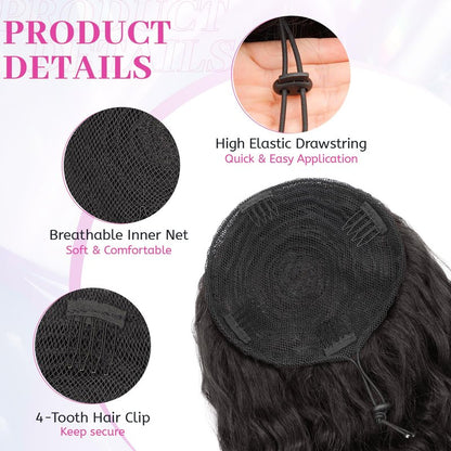 Isaic Culy Ponytail Extension 16 Inch Natural Black Drawstring Ponytail Extension for Women Fluffy Natural Looking Synthetic Hairpiece Long wavy Pony Tails Hair extensions for Daily Use