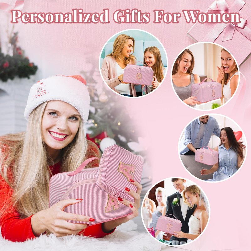 2026 Graduation Gifts - Travel Makeup Bag for Women, 2Pcs Portable Personalized Initial Makeup Organizer Bag, Open Flat Large Cosmetic Bag With Travel Essential Pouch (Pink Letter S)