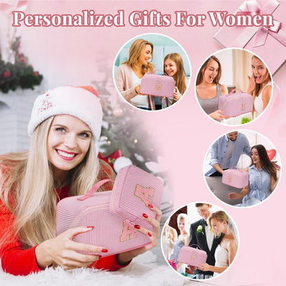 2026 Graduation Gifts - Travel Makeup Bag for Women, 2Pcs Portable Personalized Initial Makeup Organizer Bag, Open Flat Large Cosmetic Bag With Travel Essential Pouch (Pink Letter S)