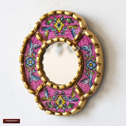 DecorContreras Peruvian Mirror Wall - Handmade Reverse Painted Glass Art - Elegant Miniature Oval Mirror for Gallery Wall - Unique 6" x 5.1" (Pink)