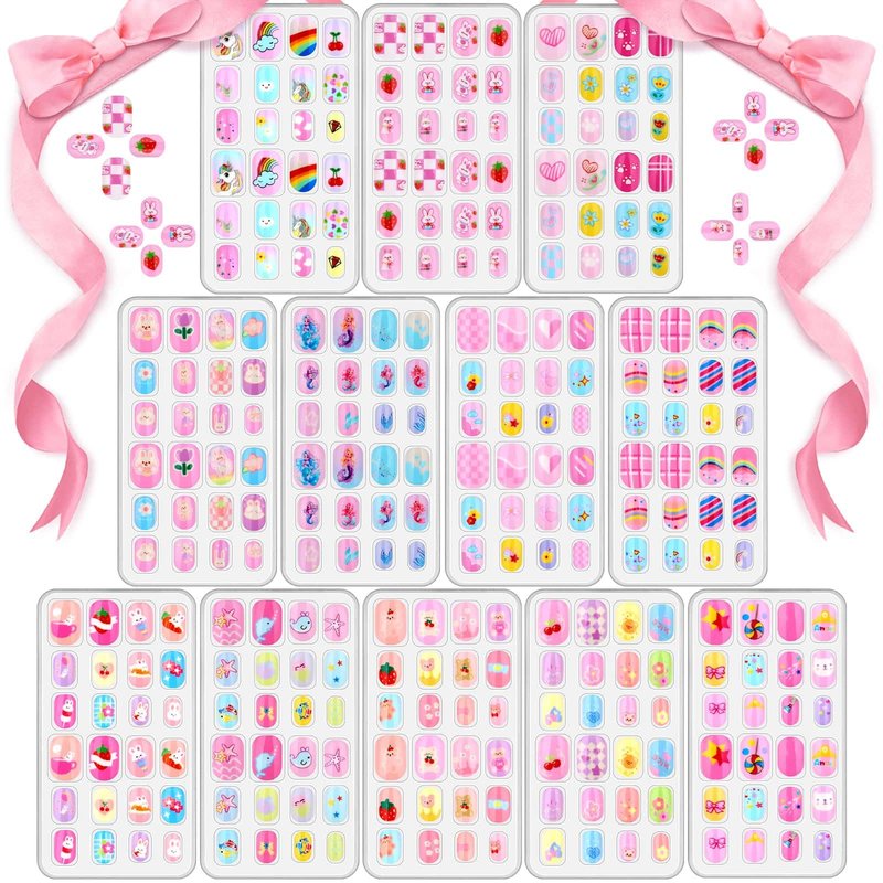 288 Pieces Kids Nails Press ons for Girls, Acejoz Fake Nail Set Pre Glue Stick on Short Nails for Children Little Girls 8-12 Year Nail Art Decoration