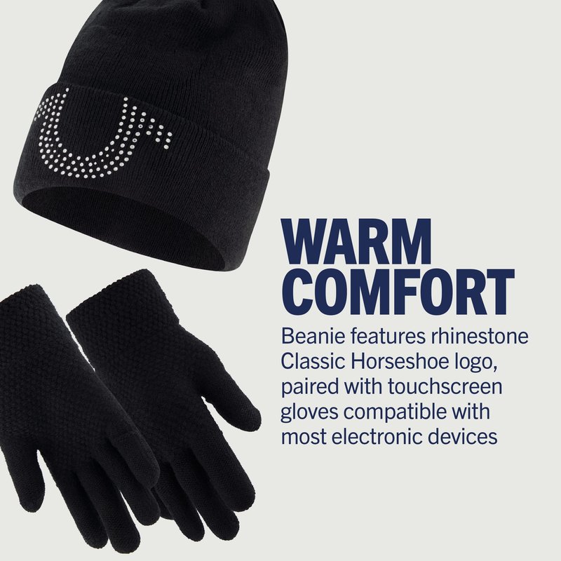 True Religion Beanie Hat and Touchscreen Glove Set, Cuffed Winter Knit Cap with Rhinestone Logo and Touch Screen Mittens, Black, One Size