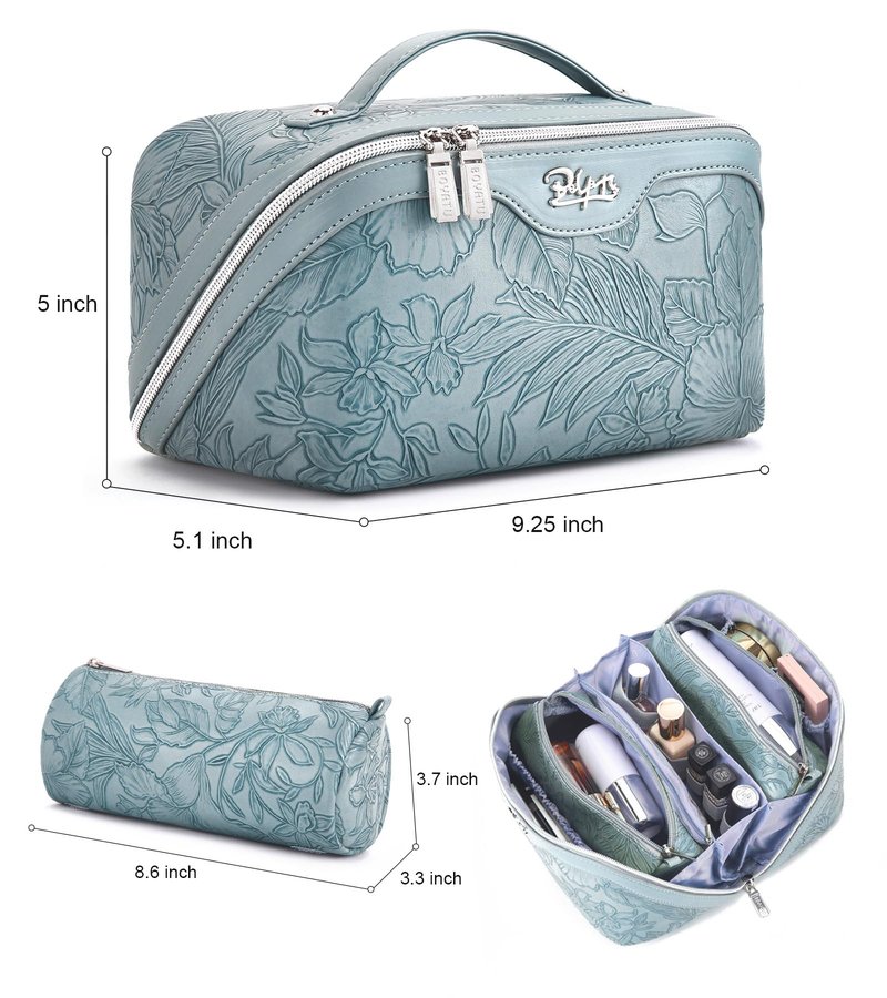 BOYATU Travel Makeup Bags Cosmetic Organizer Bag: 3 Pcs Set Large Capacity Floral Make up Bag with Compartments - Waterproof Leather Toiletry Bags with Handle for Women (01-Light Blue)