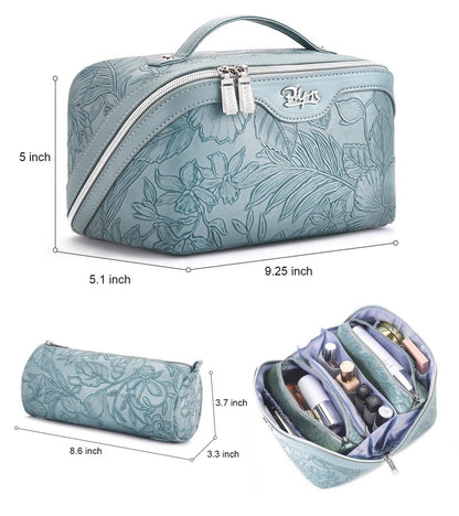 BOYATU Travel Makeup Bags Cosmetic Organizer Bag: 3 Pcs Set Large Capacity Floral Make up Bag with Compartments - Waterproof Leather Toiletry Bags with Handle for Women (01-Light Blue)