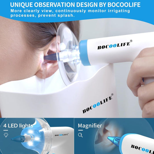 BOCOOLIFE Electric Ear Wax Removal Kit – Water Flushing Irrigation System Ears Flush Cleaner Powered with 4 Pressure Settings, Safe & Effective Ear Cleaning Kit, Includes 30 Tips, Basin