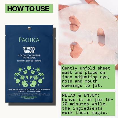 Pacifica Beauty Skin Rehab Coconut and Caffeine Facial Mask, Skincare, Green Tea, Helps with Puffiness and Redness, Face Mask, Sheet Mask, Face Care, All Skin Types, Vegan (6 Sheets)