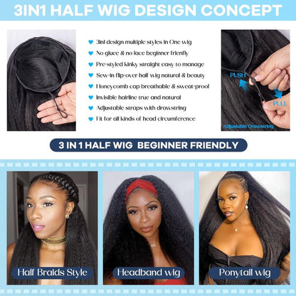 Prosa Kinky Curly Half Wig, 3-in-1 Synthetic Hair with Drawstring Headband, Clip-in Glueless Seamless Flip Over Design, Color 1B, for Women (22inch KST)