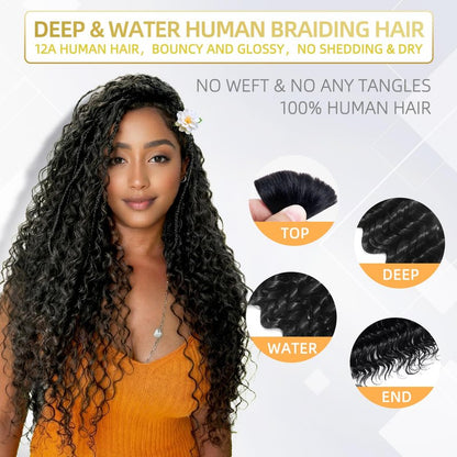 Human Braiding Hair for Boho Braids 100g 14 Inch Water Wave Bulk Human Hair for Braiding Knotless 100% Unprocessed 12A Brazilian Virgin Hair Extensions 2 Bundles/Pack Natural Color