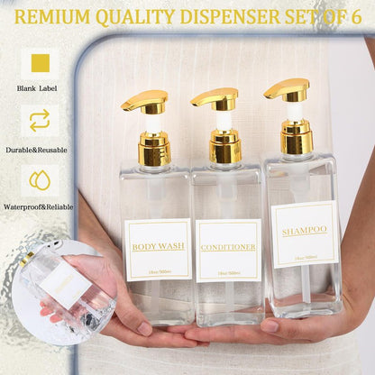 Gejoy 12 Pack Clear Shampoo and Conditioner Dispenser Bottles, 17 Oz/ 500ml Refillable Empty Pump Bottles with Labels and Marker Pen, Plastic Square Pump Dispenser Bottle for Bathroom Body Wash Shower