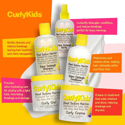 CurlyKids Super Detangle Spray Bundle with Hair Detangler Spray, Kids Shampoo, Conditioner, Gel & Creme for Curly, Frizzy, & Wavy Hair | Sulfate & Paraben-Free Formula to Detangle