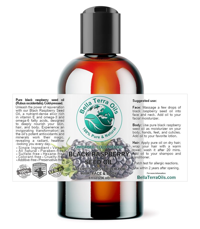 Bella Terra Oils - Black Raspberry Seed Oil 8 oz - Natural Elixir Enhanced with Ellagic Acid & Vitamin A, Cold-Pressed Cosmetic Secret for Radiant Skin