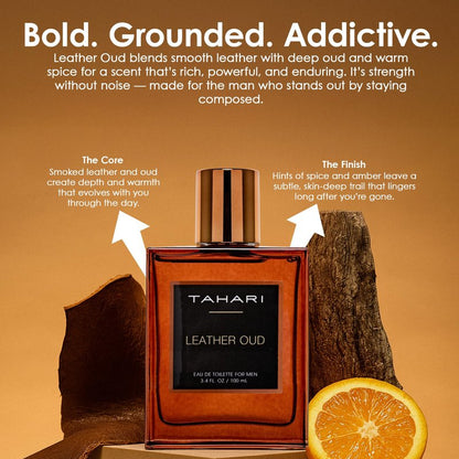 TAHARI Leather Oud Eau de Toilette for Men – Long-Lasting Luxury Cologne Spray with Bergamot, Leather & Amber Scent – Bold, Masculine, Sophisticated Oud Fragrance Spray 3.4 fl oz / 100 mL