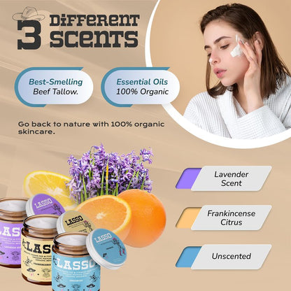 LASSO Beef Tallow Face Moisturizer with Grass-Fed/Finished Beef Tallow for Skin, Organic Manuka Honey and Beeswax, Unscented and Manuka Honey Balm