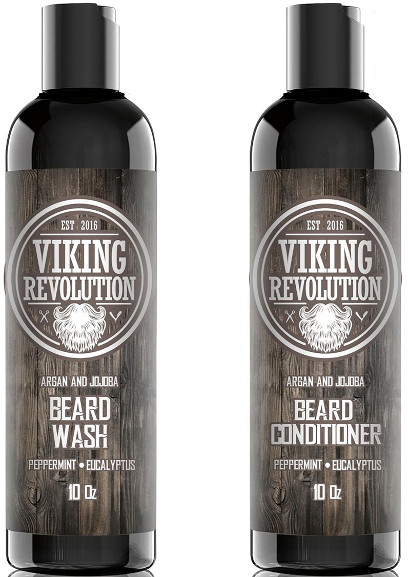Viking Revolution Beard Shampoo and Conditioner Set - Top-tier Beard Care Kit with Argan & Jojoba Oils for Healthy Beard Growth, No Itching or Irritation, Rich Lather, Eucalyptus Scent (10 oz)