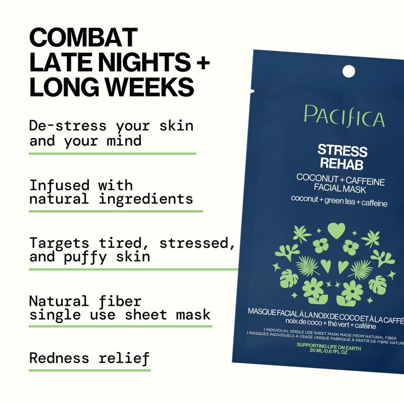 Pacifica Beauty Skin Rehab Coconut and Caffeine Facial Mask, Skincare, Green Tea, Helps with Puffiness and Redness, Face Mask, Sheet Mask, Face Care, All Skin Types, Vegan (6 Sheets)