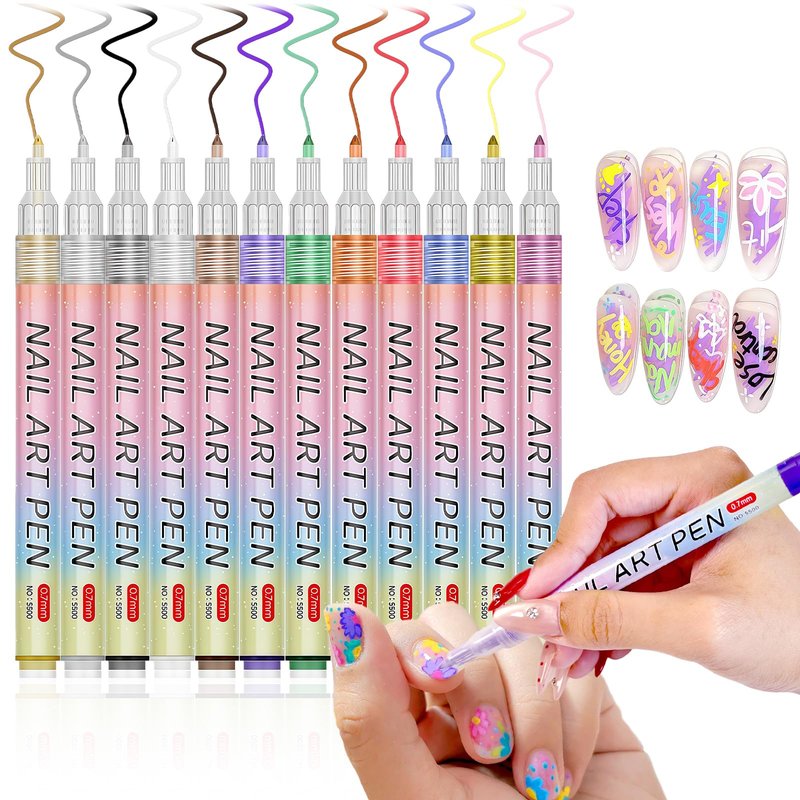 MKNZOME 12 Color Nail Art Pens, 3D 0.7 MM Nail Polish Pens Set Drawing Painting Point Liner Acrylic Painted Pen Kit, Waterproof and Quick-drying Nail for DIY Nails Art Design Manicure Tools