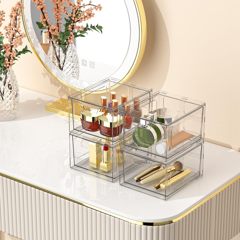 SpaceHacks 6 Pack Stackable Plastic Makeup Organizer Drawers, Acrylic Organizers, Clear Storage Bins with Pull-Out Handles for Vanity, Kitchen Cabinets, Pantry