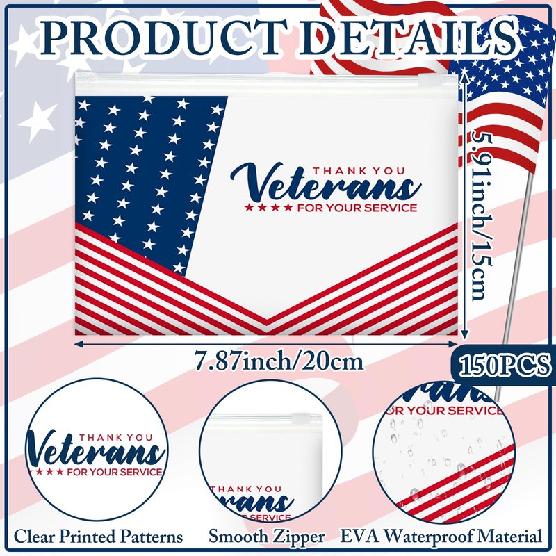 SilTriangle 150 Pcs Memorial Day Patriotic Veterans Thank You Gift Bag Veterans Gift Bulk Red Blue EVA Cosmetic Bag American Flag Thank You for Your Service Patriotic USA Party Favors for Men Soldier