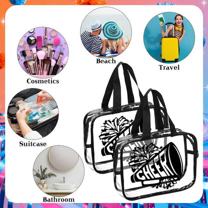 Kacctyen 12 Pcs Cheer Large Clear Toiletry Cosmetic Makeup Bag with Zipper and Handle Cheer Snack Bag Bulk for Team 12 x 9 x 4 Gift Bags Tote Pouch Cheerleading Teammates Party Supplies (Black)