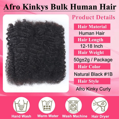 Afro Kinkys Bulk Human Hair for Braiding Afro Kinky-Curly Human Hair Bulk for Twist Ginger 18 Inch 50g/Bundle No Weft 4c Kinky Curly Bundles for Braids Micro Locs Dreadlock Extensions #350