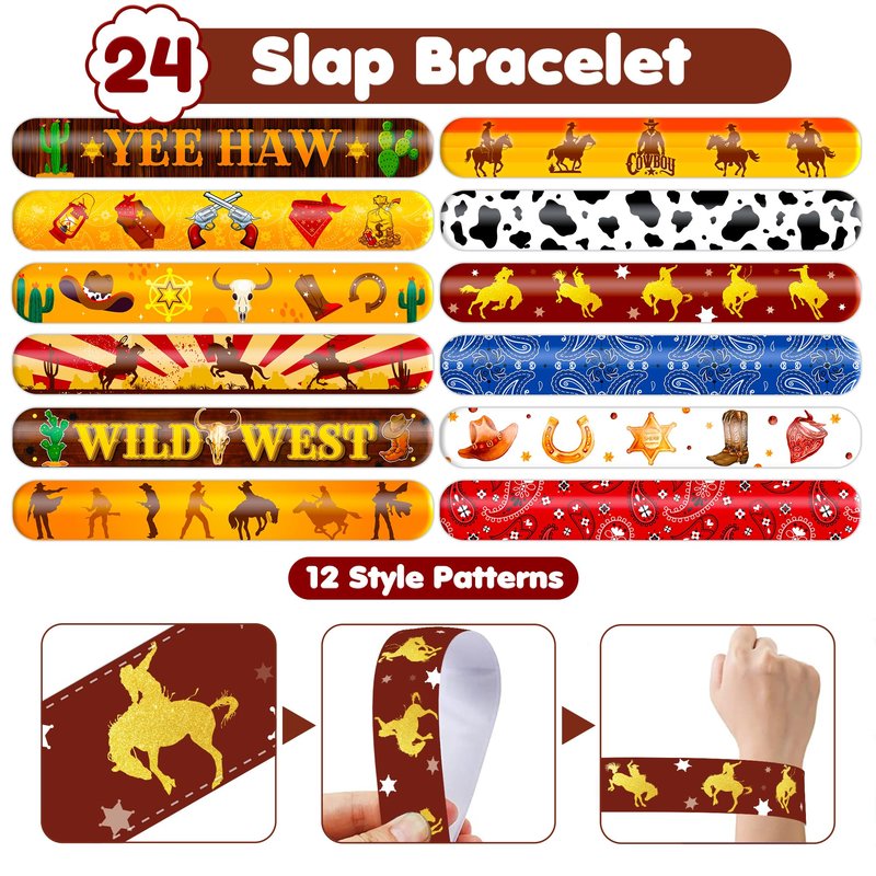 48PCS Cowboy Party Set - 24PCS Temporary Tattoos & 24PCS Slap Bracelets - Wild West-Themed Birthday Supplies, Baby Shower Gifts, Classroom Rewards & Party Decor for Kids (Boys & Girls)