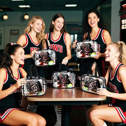 Kacctyen 12 Pcs Cheer Large Clear Toiletry Cosmetic Makeup Bag with Zipper and Handle Cheer Snack Bag Bulk for Team 12 x 9 x 4 Gift Bags Tote Pouch Cheerleading Teammates Party Supplies (Black)