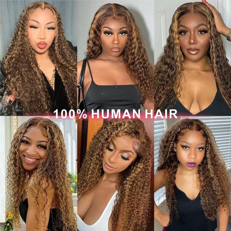 Aikebi Jerry Curly Human Hair Wig Highlight P4/30 T Glueless Curly 200% Density Pre Plucked Cut Human Hair Lace Wig for Black Women