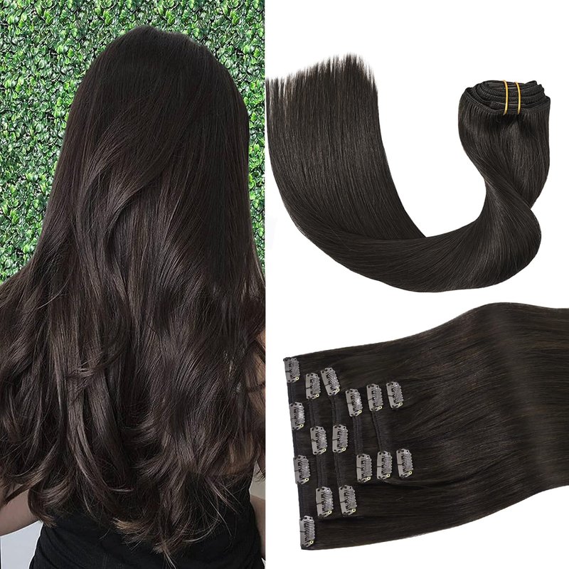Aison Dark Brown Clip in Hair Extensions Real Human Hair 75G 100% Remy Human Hair Soft Silky Straight for Women 15 Inches 7pcs 16clips