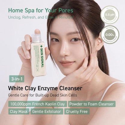 SKIN SIGNAL White Clay Enzyme Cleanser, Gentle Exfoliating Face Wash for Sensitive Skin, Deep Pore Facial Cleanser, Powder to Creamy Clay Mask, Korean Skin Care