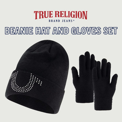 True Religion Beanie Hat and Touchscreen Glove Set, Cuffed Winter Knit Cap with Rhinestone Logo and Touch Screen Mittens, Black, One Size