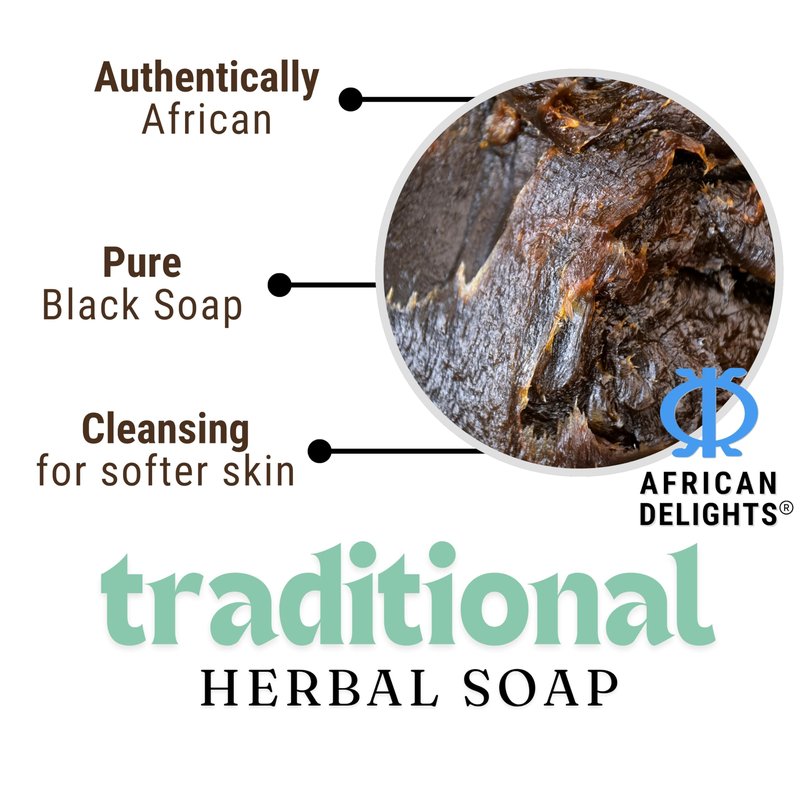 African Delights Herbal Black Soap Bar, Traditional Ghanaian Soap for Face & Body, Natural Skin Cleanser, Gentle Exfoliation, Ancient Recipe 17.64 oz (Pack of 1)